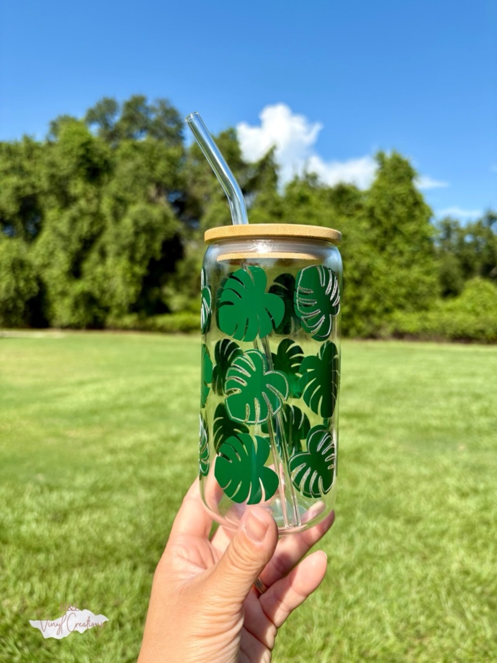 Green Monstera Glass Tumbler Cup w/ Bamboo Lid & Straw